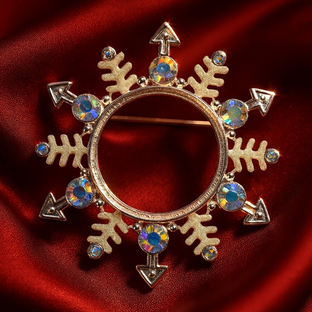 Kim Rogers Snowflake Brooch – Iridescent Crystal Pin, Festive Winter Jewelry